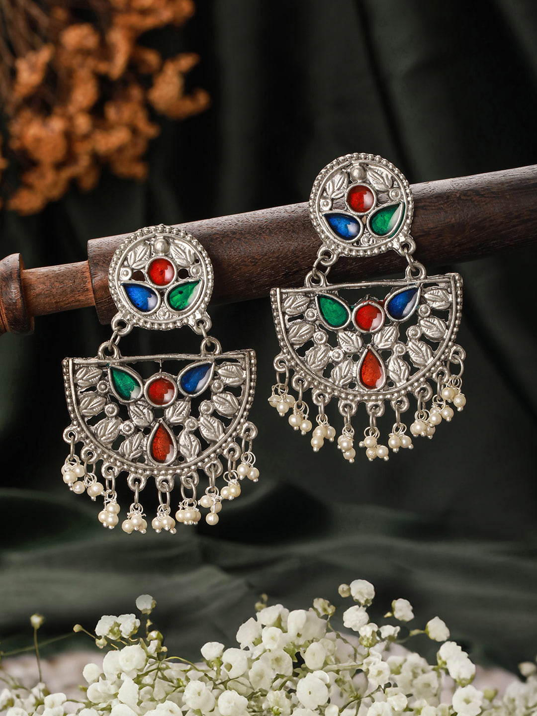 Jazz And Sizzle Silver-Plated Multicolored Enameled & Beaded Chandbali Earrings