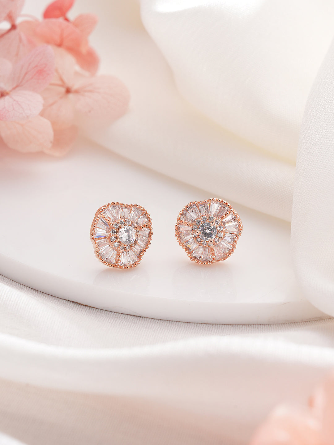Jazz And Sizzle Rose Gold-Plated American Diamond Studded Floral Stud Earrings