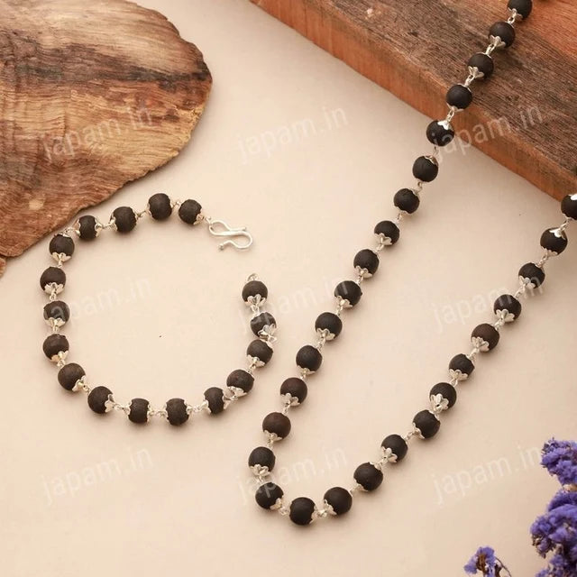 Silver Plated Karungali Mala + Karungali Bracelet Combo For Men-JS-SNC-0014