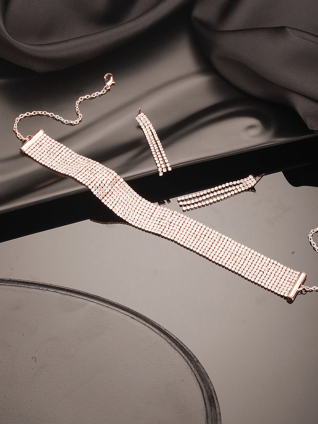 Jazz And Sizzle 18 k RoseGold Plated Crystal AD & Zirconia Studded MultiStrand Statement Jewellery Set