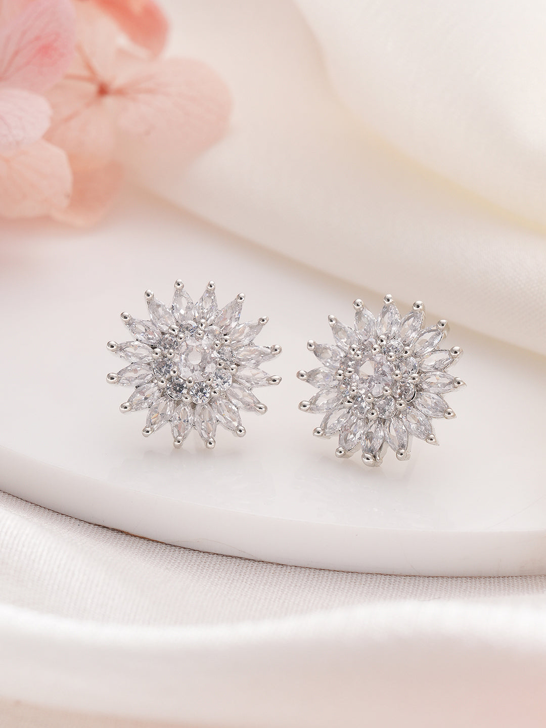 Jazz And Sizzle Rhodium-Plated CZ-Studded Floral Studs Earrings