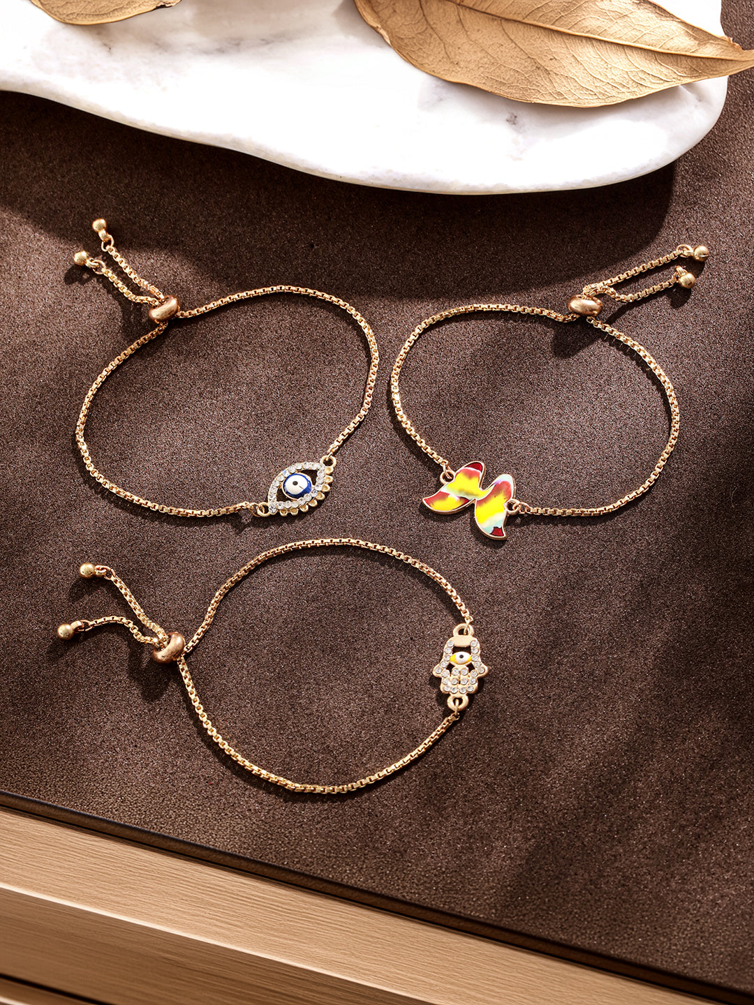 Jazz And Sizzle Set Of 3 Butterfly, Hamza & Evil Eye Bracelet