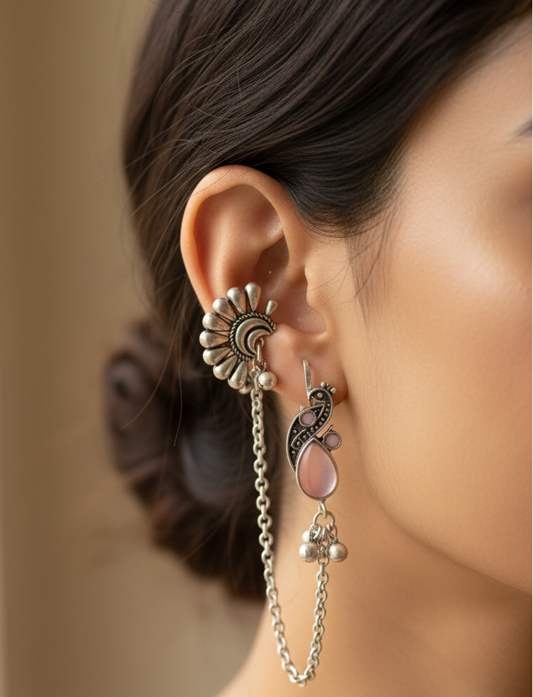 Jazz And Sizzle Silver Plated Artificial Pink Stone Studded & Beaded Peacock Ear Cuff