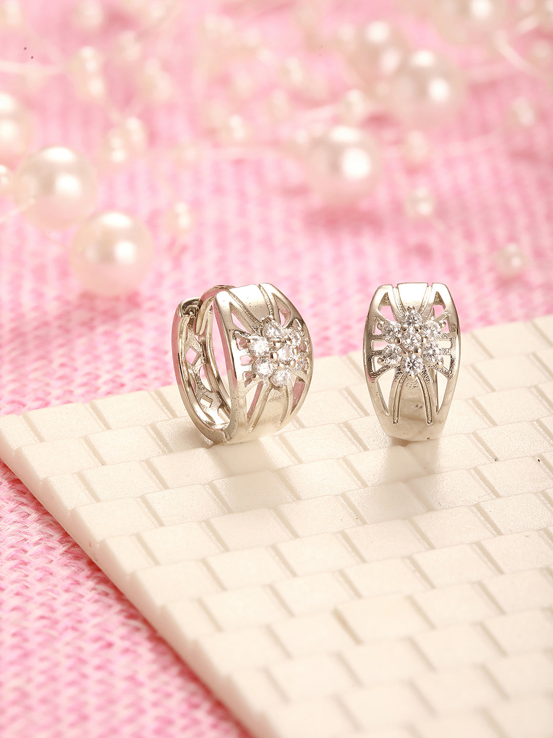 Jazz And Sizzle Silver Plated American Diamond Studded Hoop Earrings