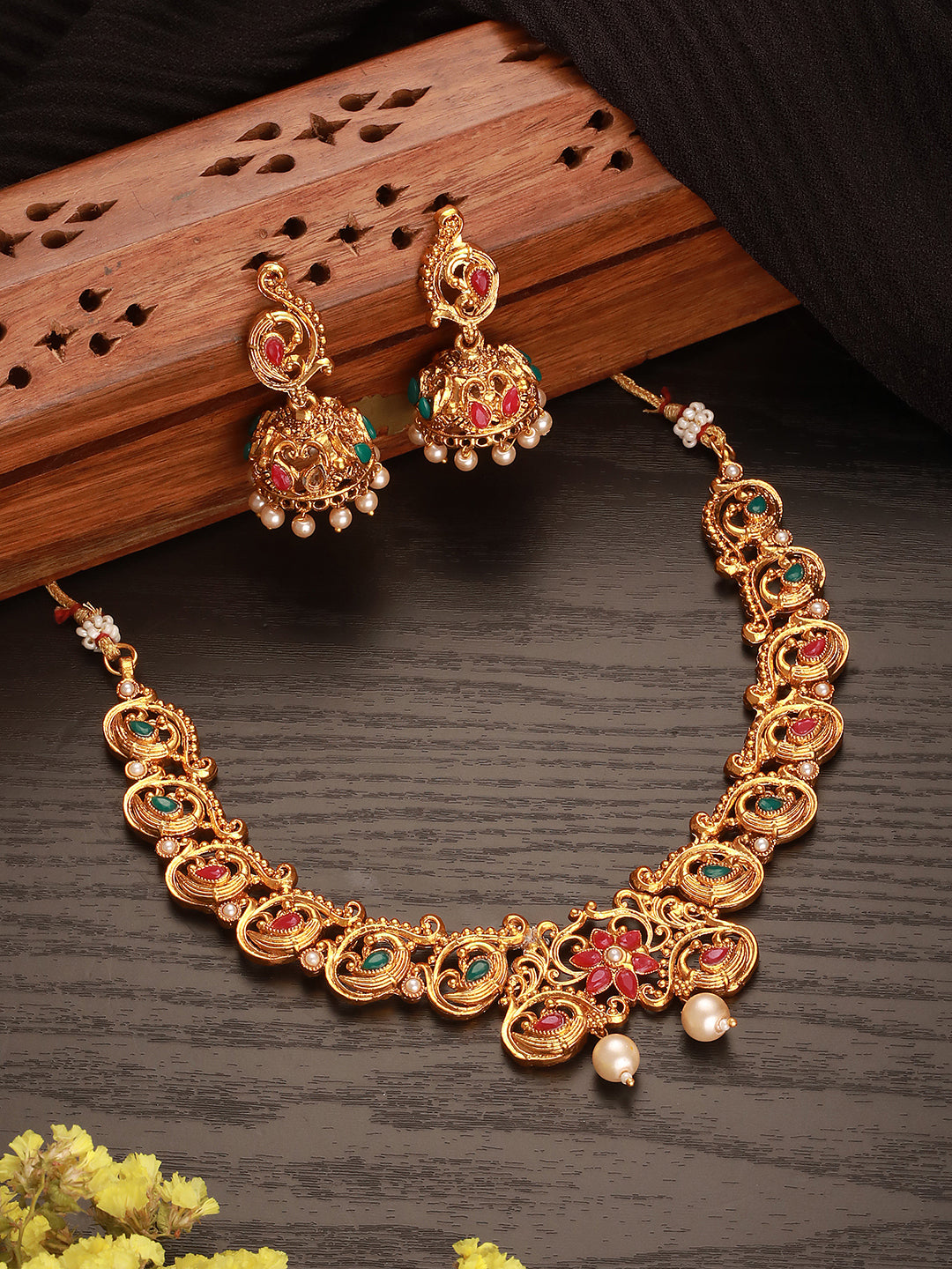Jazz And Sizzle Gold-Plated Multicolor Stone Studded- Antique Peacock Necklace Set