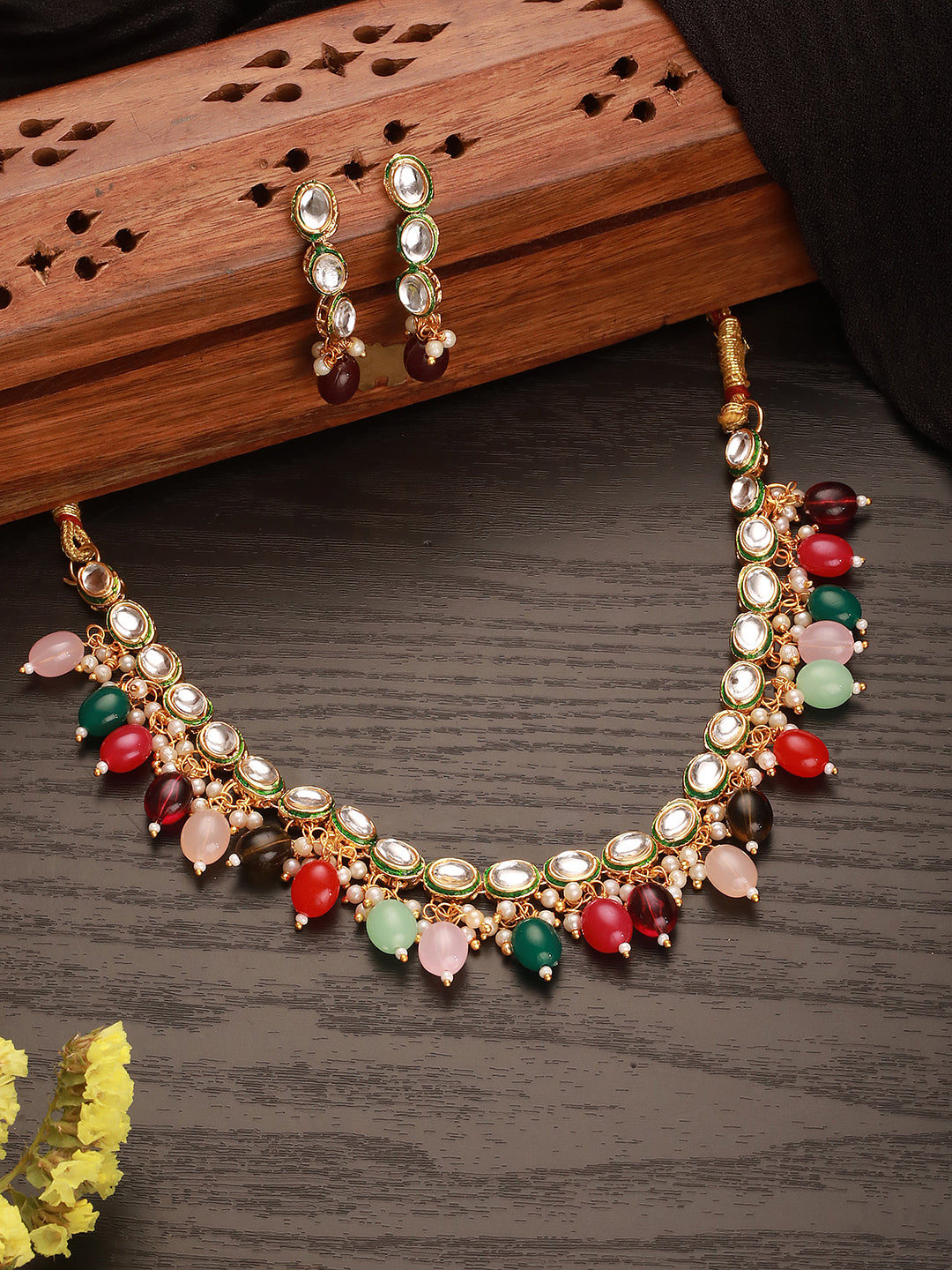 Jazz And SizzleJazz And Sizzle Gold-Plated Kundan-Studded & Multicolor Pearl Beaded Handcrafted Jewellery Set