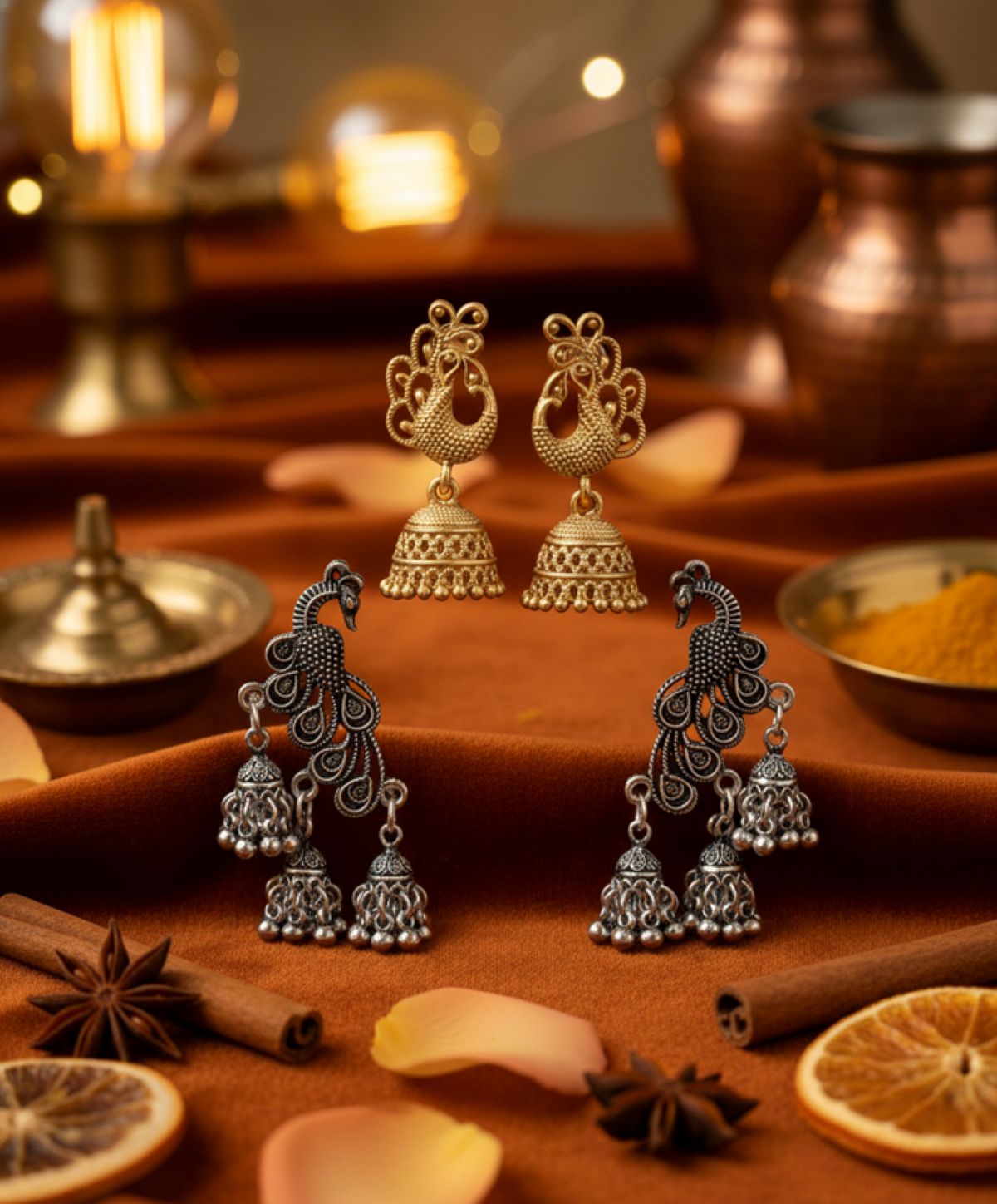 Jazz And Sizzle Set of 2 Oxidized Silver & Gold Plated Peacock Shaped Jhumka Drop Earrings