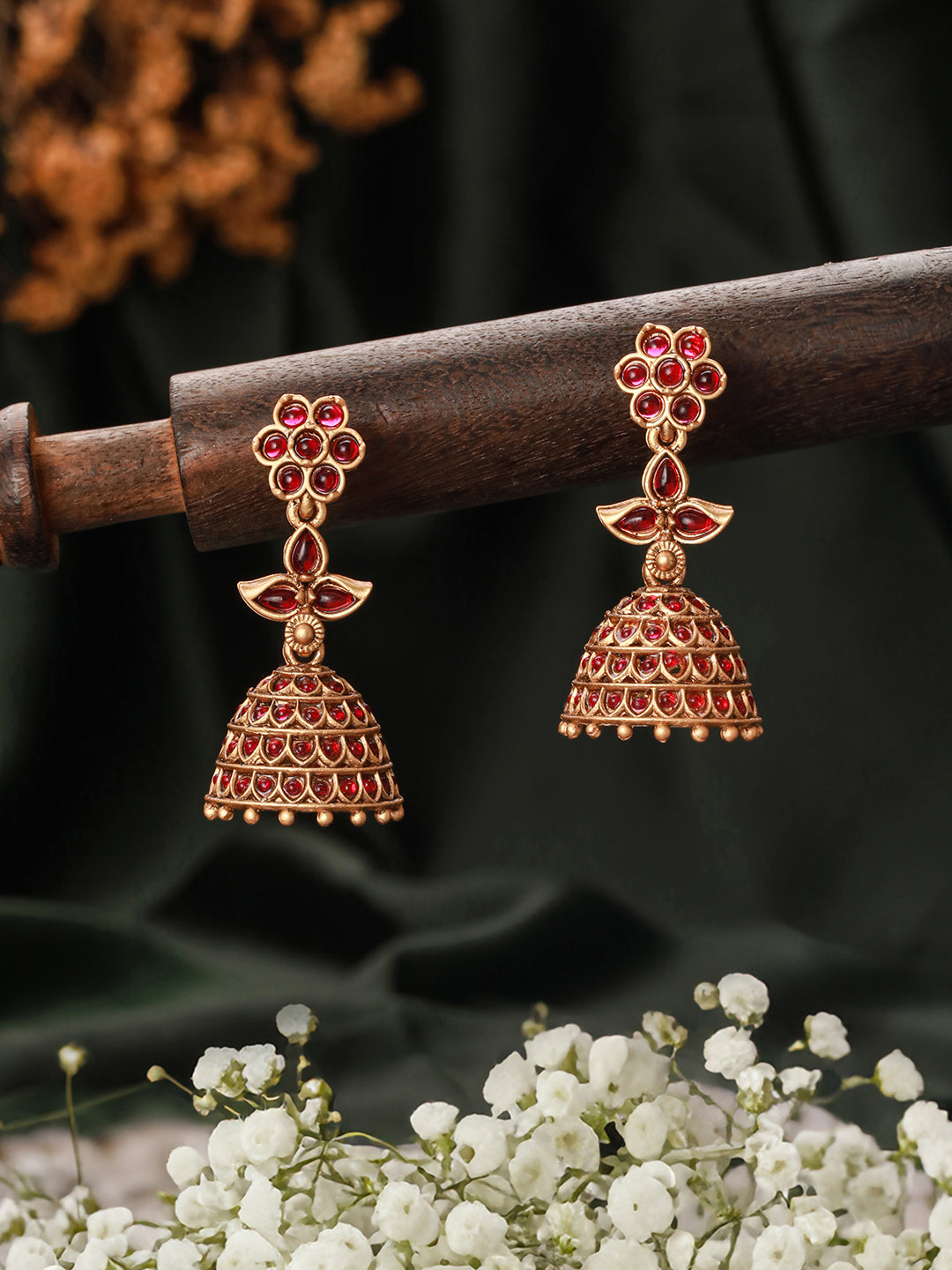 Jazz And Sizzle Gold-Plated Faux Ruby Studded Beads Beaded Floral Shaped Jhumka Earrings