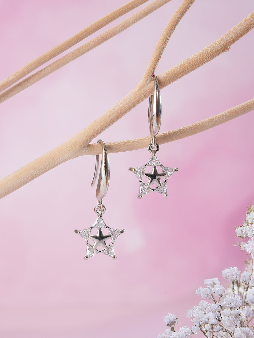 Jazz And Sizzle Rhodium Plated Star Shaped Drop Earrings