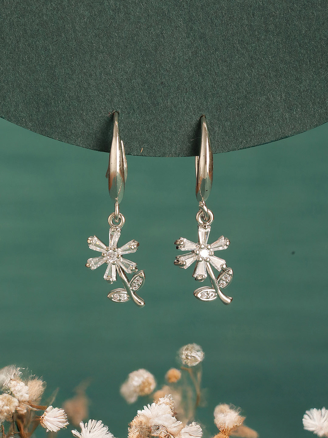 Jazz And Sizzle Rhodium Plated Floral Shaped Drop Earrings