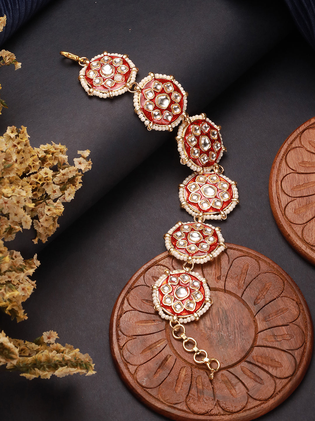 Aatmana Gold-Plated White Kundan & Meenakari Work Maroon Sheeshphool/Mathapatti
