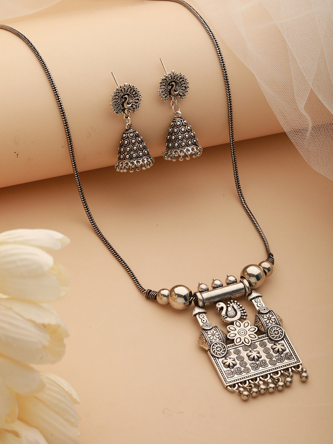 Silver-Plated Peacock Shaped Oxidized Jewellery Set