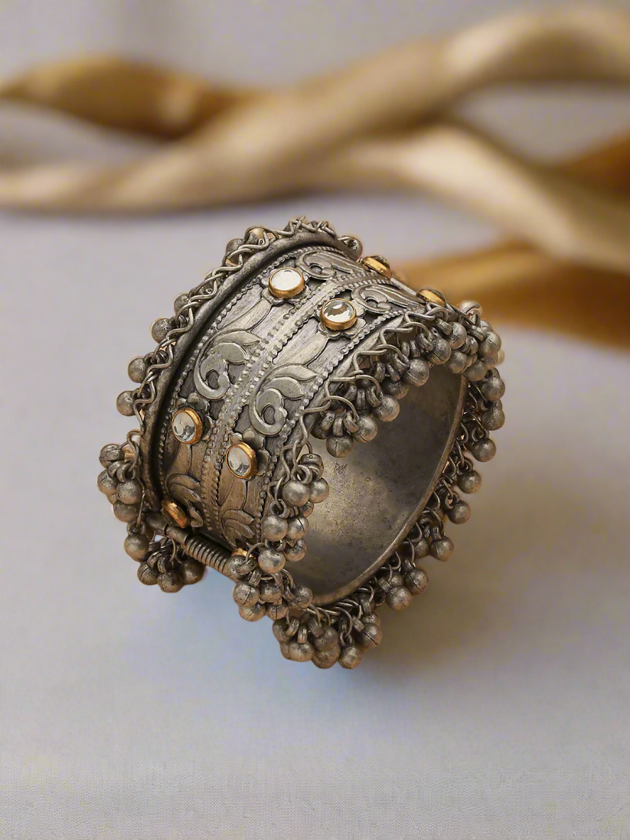 Silver-Plated Oxidised & Kundan Studded Kada Bracelet