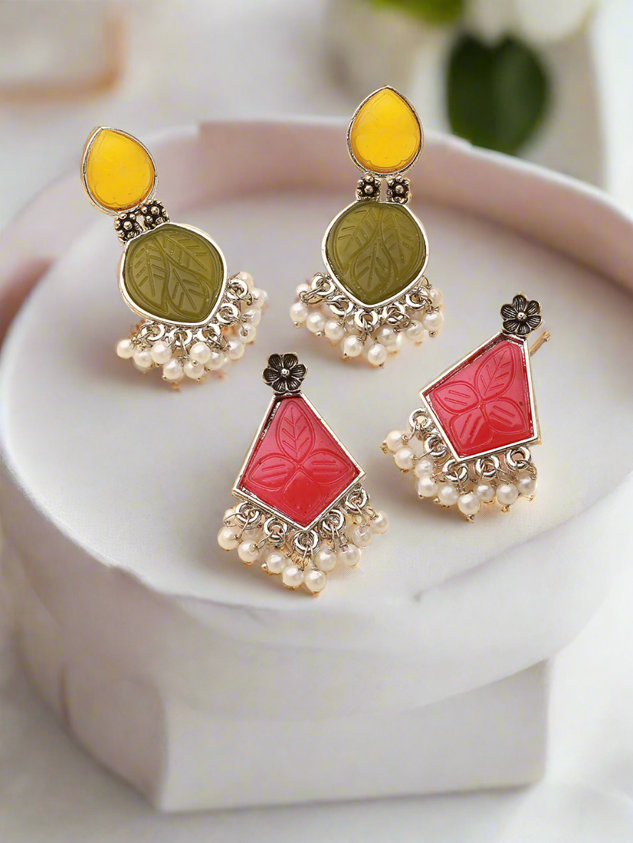 Set Of 2 Gold-Plated Yellow & Green Geometric Drop Earrings