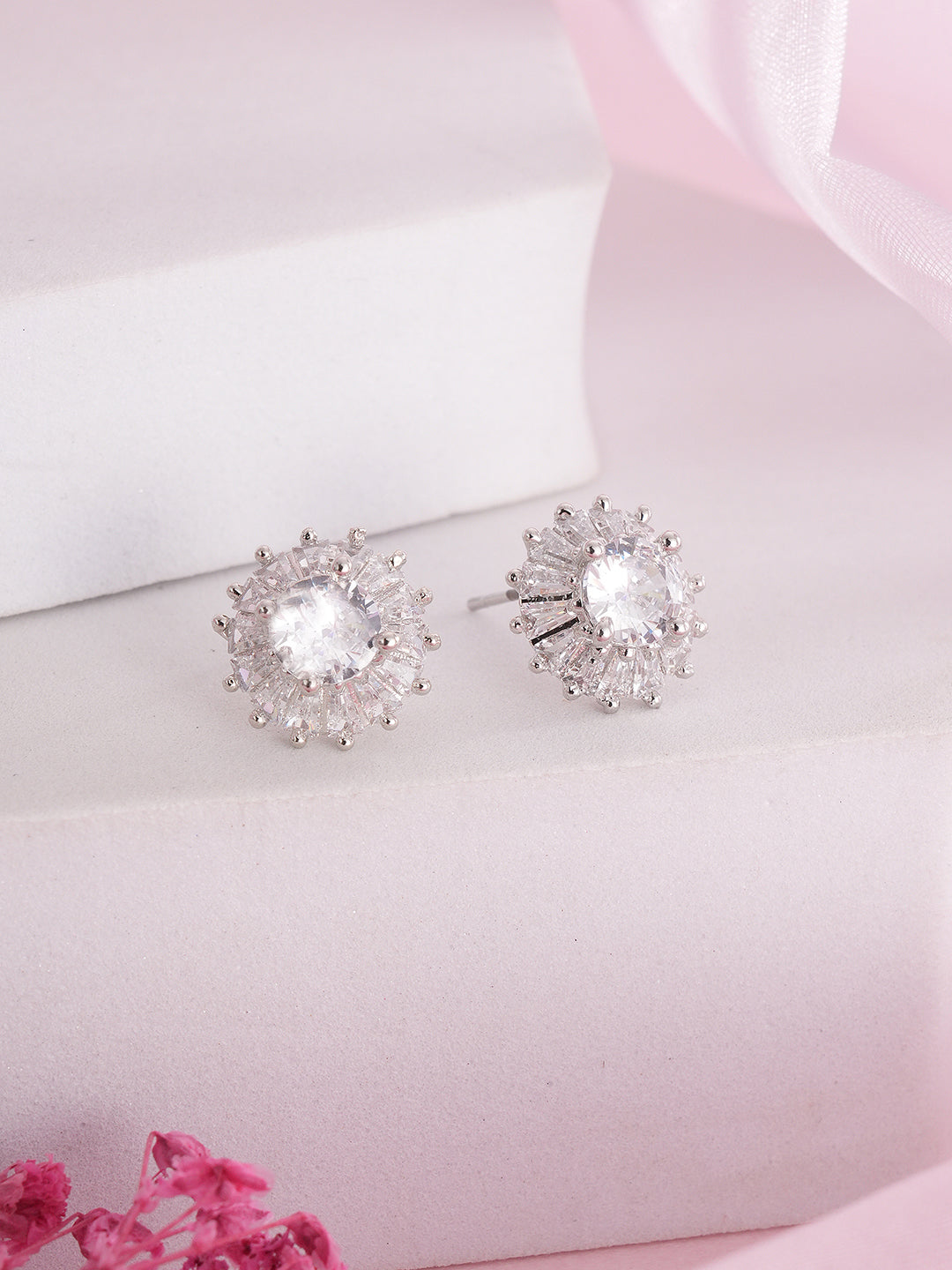 Jazz And Sizzle White AD-Studded Floral Studs Earrings