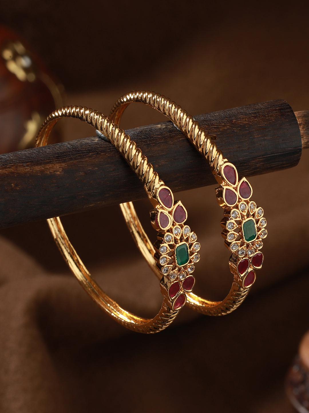 Set Of 2 24CT Gold-Plated Stone-Studded Bangles - Jazzandsizzle