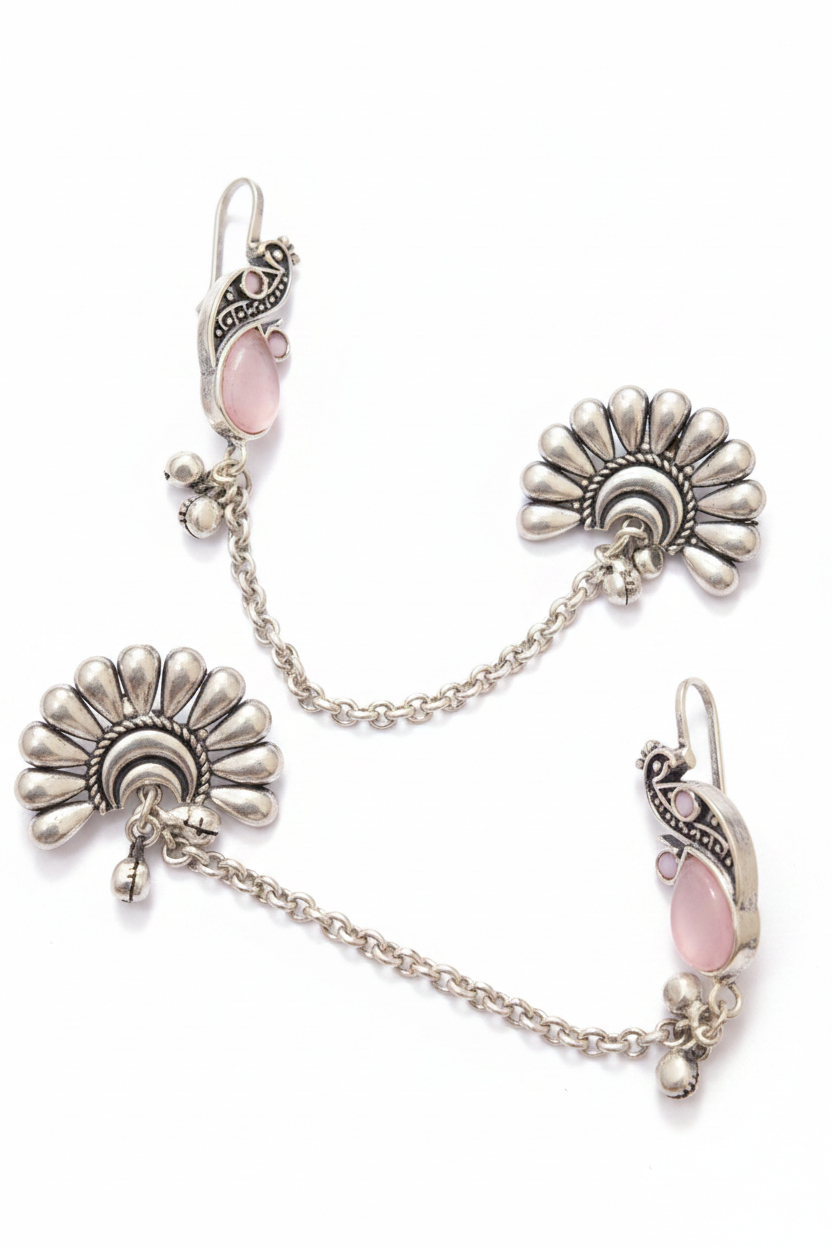 Jazz And Sizzle Silver Plated Artificial Pink Stone Studded & Beaded Peacock Ear Cuff