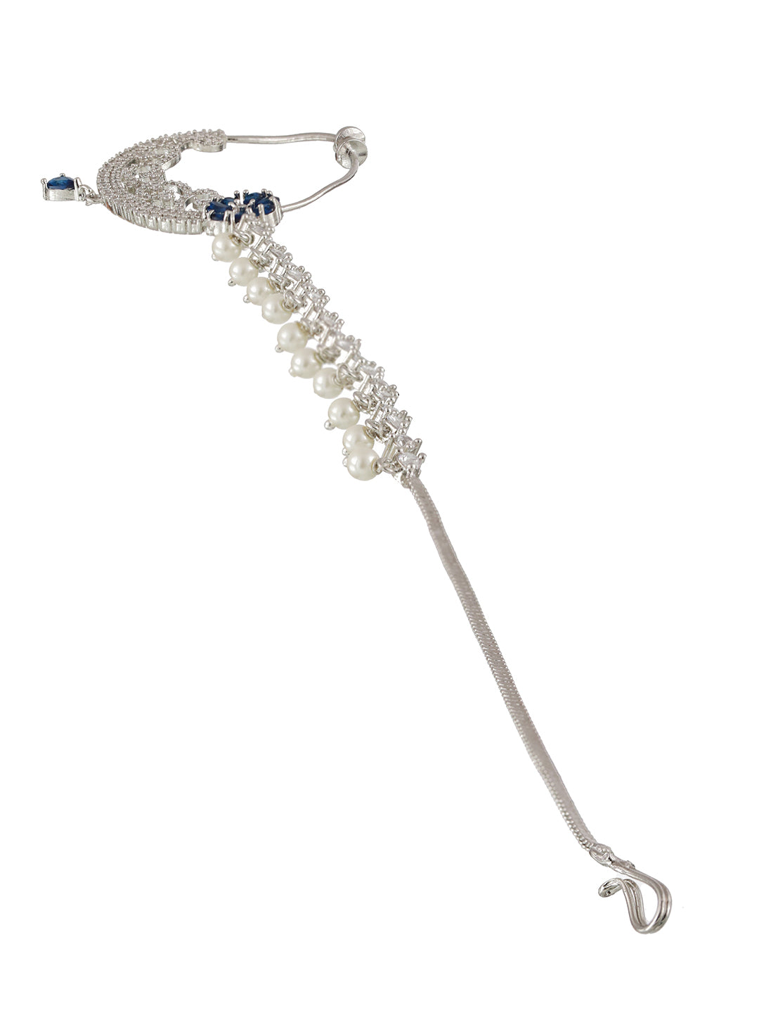 Silver Plated Blue Floral American Diamond Studded Handcrafted Nose Ring With Pearl Drop Chain - Jazzandsizzle