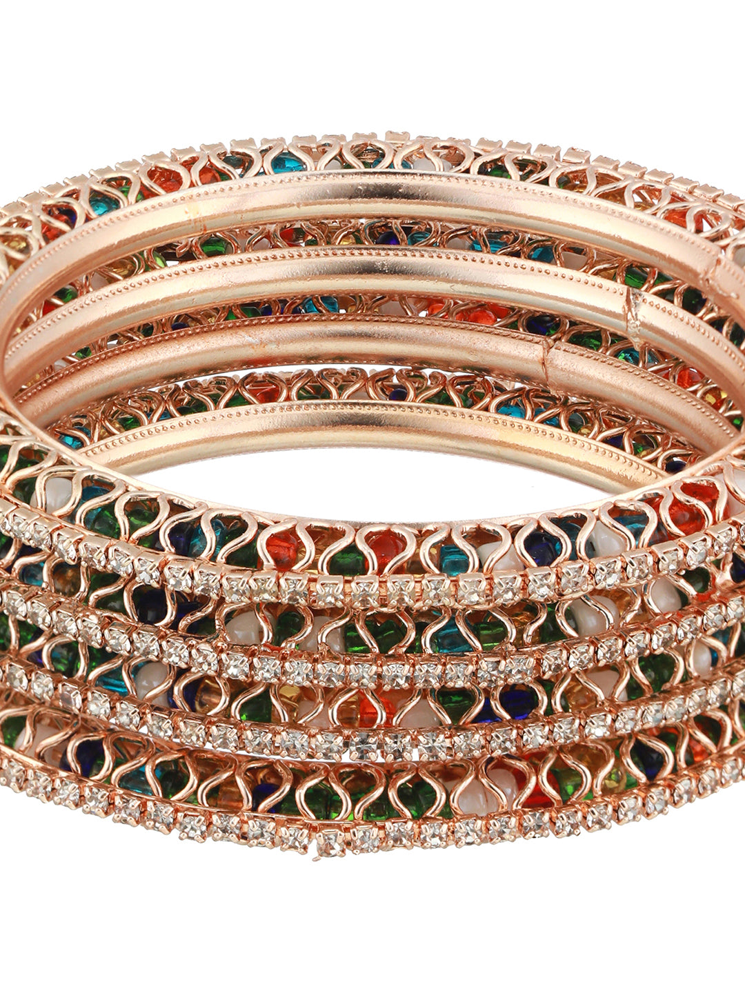 Set Of 4 Rose Gold Plated Stone-Studded Crystal-Beaded Bangles - Jazzandsizzle
