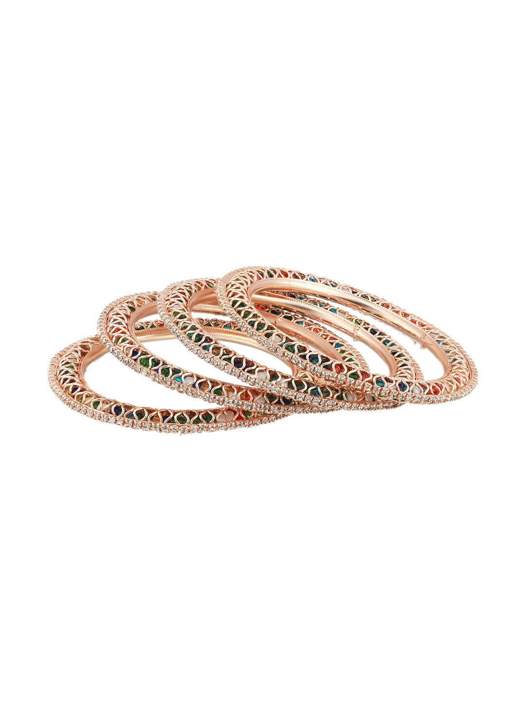 Set Of 4 Rose Gold Plated Stone-Studded Crystal-Beaded Bangles - Jazzandsizzle