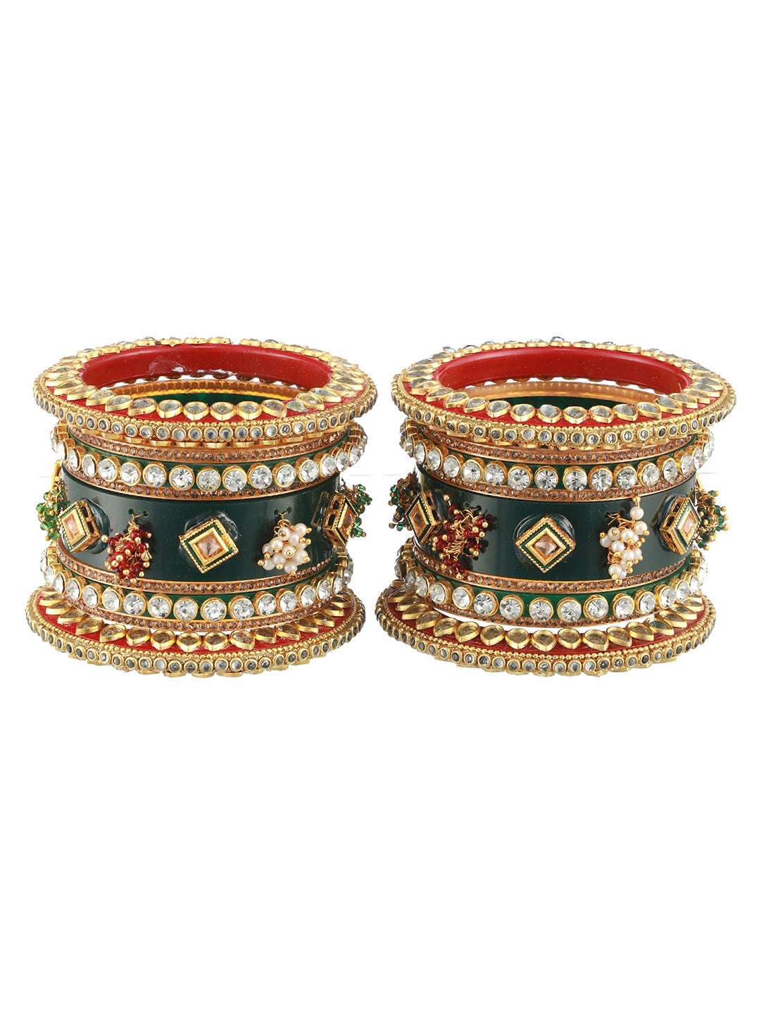 Set of 18 Gold-Plated Stone-Studded & Beaded Green Chuda Bangles - Jazzandsizzle