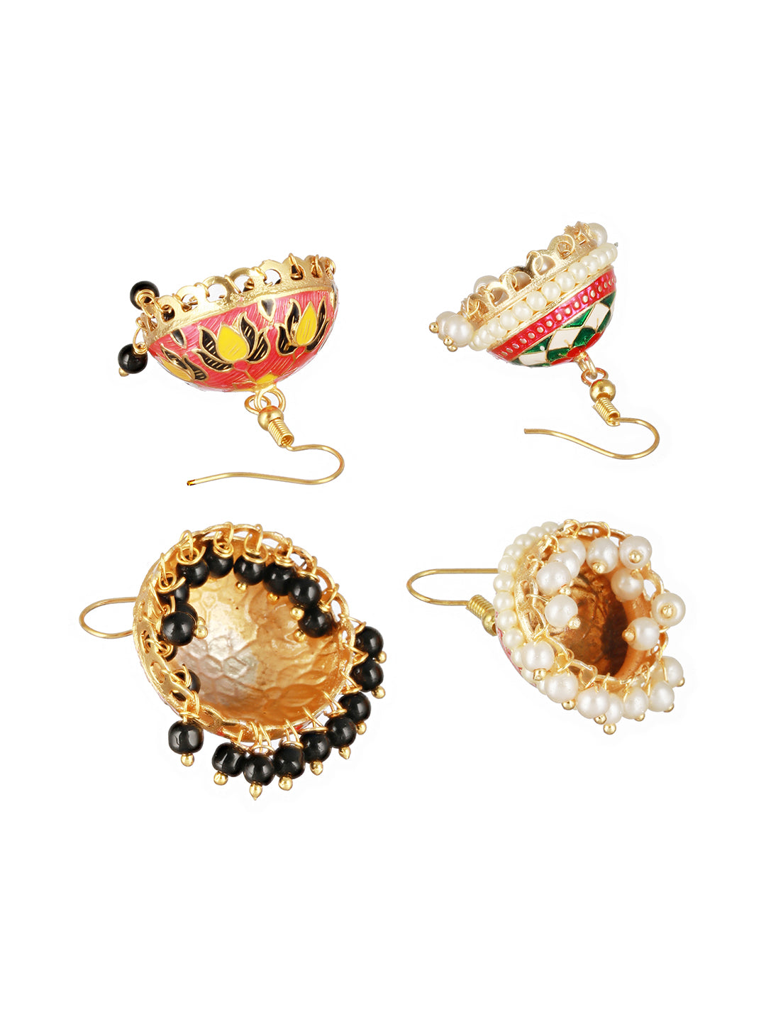 Set OF 2 Pair Pink & White Gold Plated Meenakari Jhumkas Earrings - Jazzandsizzle