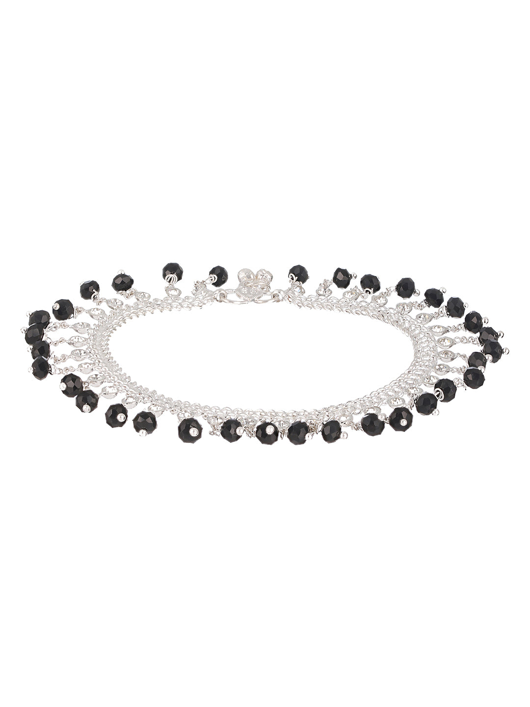 Set Of 2 Silver Plated & Black Crystal Beaded & CZ Studded Anklets - Jazzandsizzle
