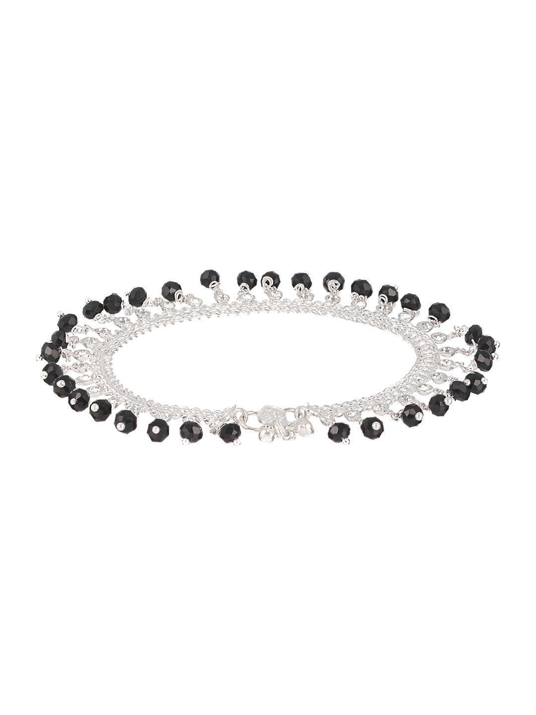 Set Of 2 Silver Plated & Black Crystal Beaded & CZ Studded Anklets - Jazzandsizzle