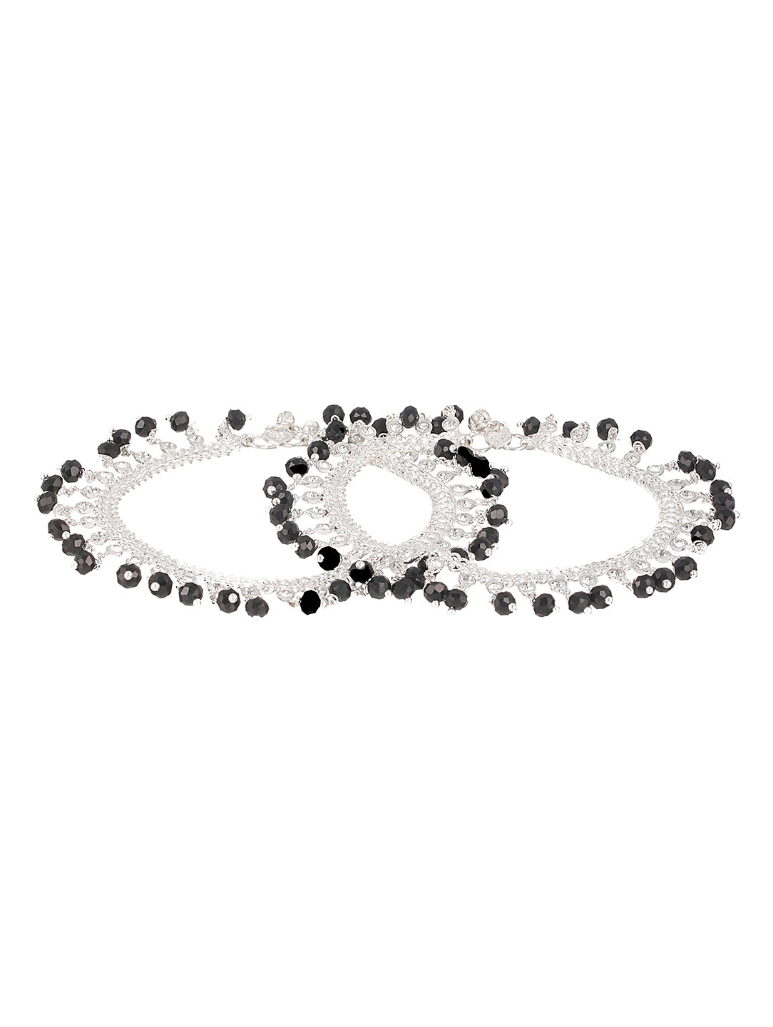 Set Of 2 Silver Plated & Black Crystal Beaded & CZ Studded Anklets - Jazzandsizzle