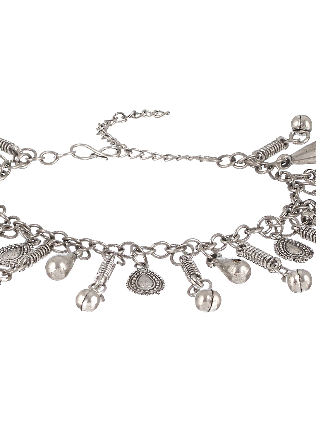 Set Of 2 Oxidised Silver-Plated & Heart Charm Ghungroo Anklets - Jazzandsizzle