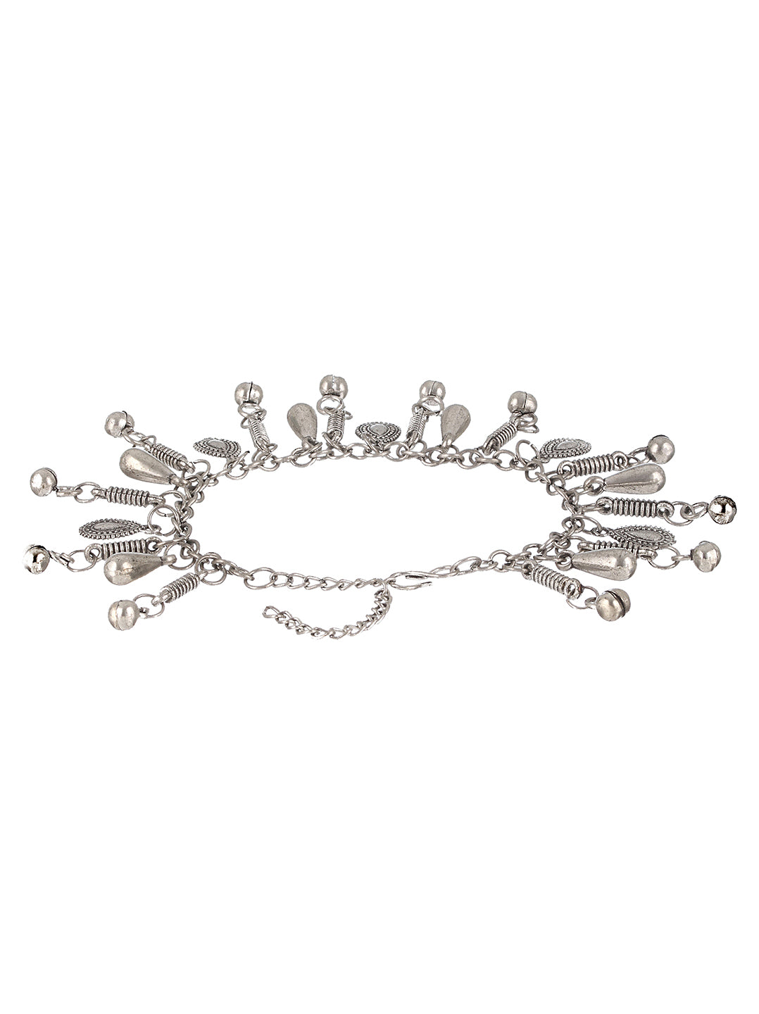Set Of 2 Oxidised Silver-Plated & Heart Charm Ghungroo Anklets - Jazzandsizzle