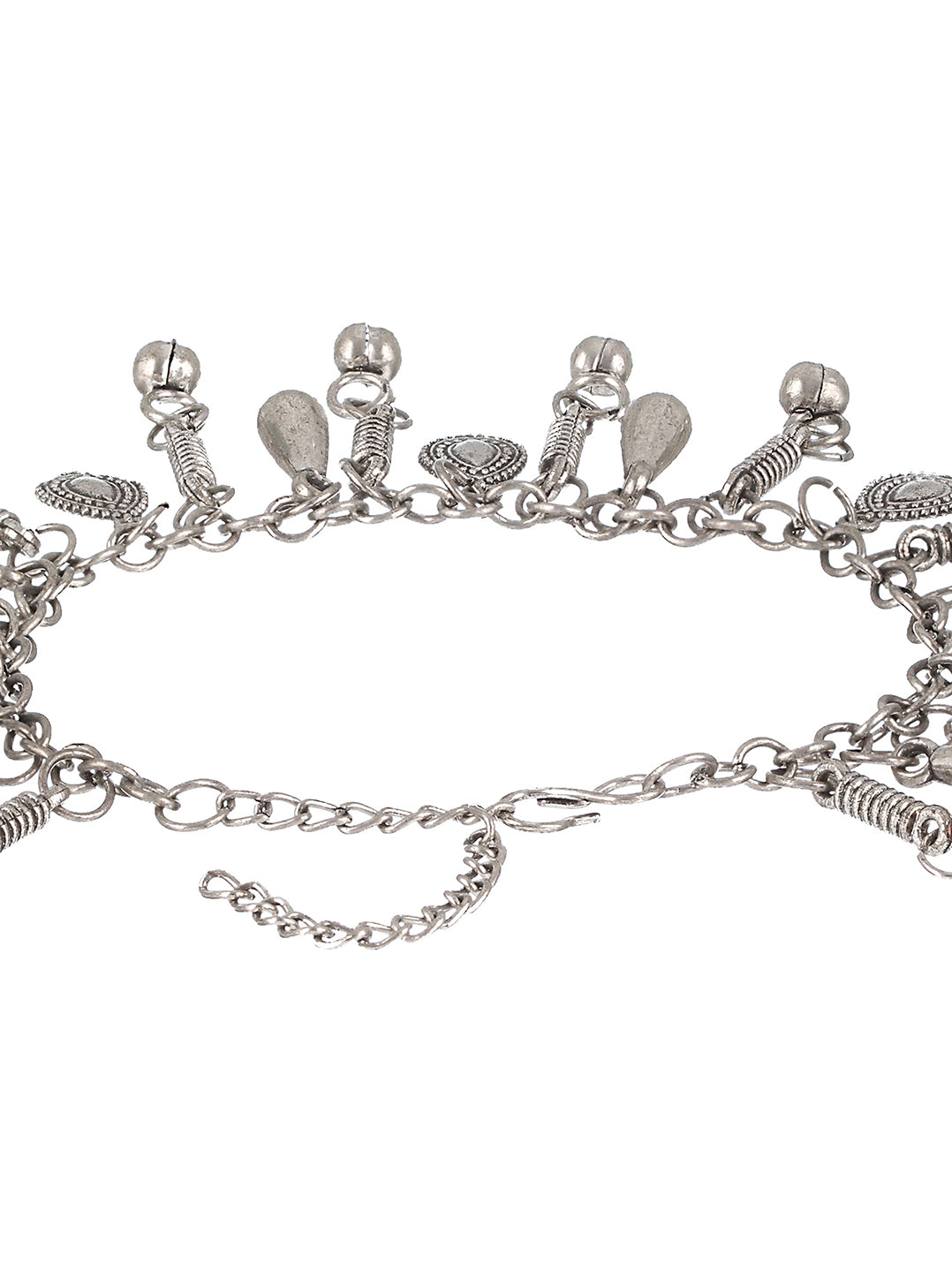 Set Of 2 Oxidised Silver-Plated & Heart Charm Ghungroo Anklets - Jazzandsizzle