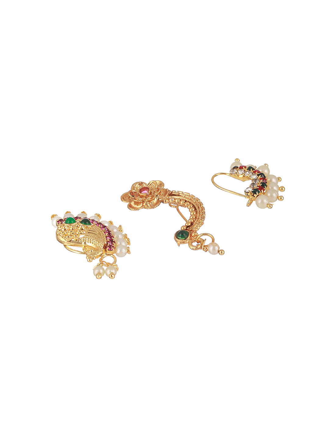 Set Of 3 Gold-Plated Stone-Studded & Beaded Nosepins - Jazzandsizzle