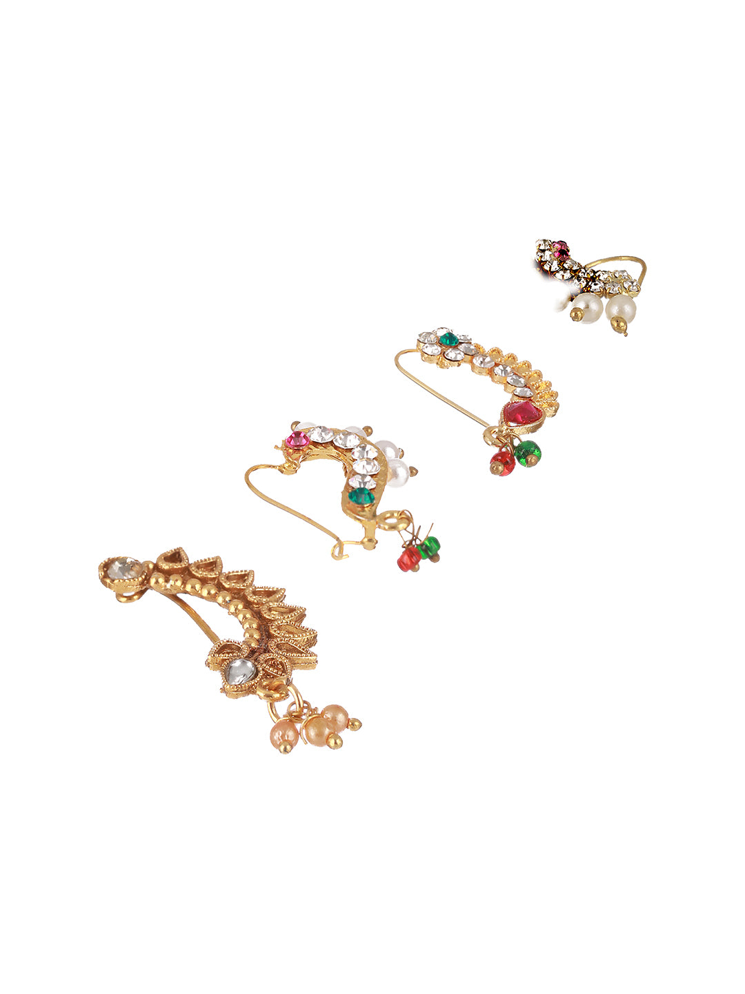 Set Of 4 Gold-Plated Stone-Studded & Beaded Nosepin - Jazzandsizzle