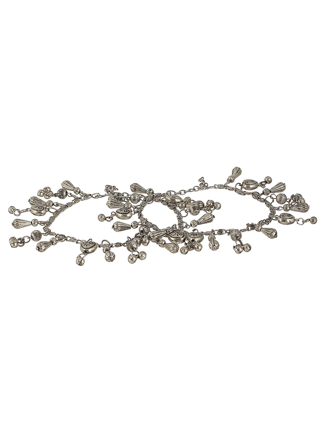 Set Of 2 Oxidised Silver-Plated & Heart Charm Ghungroo Anklets - Jazzandsizzle