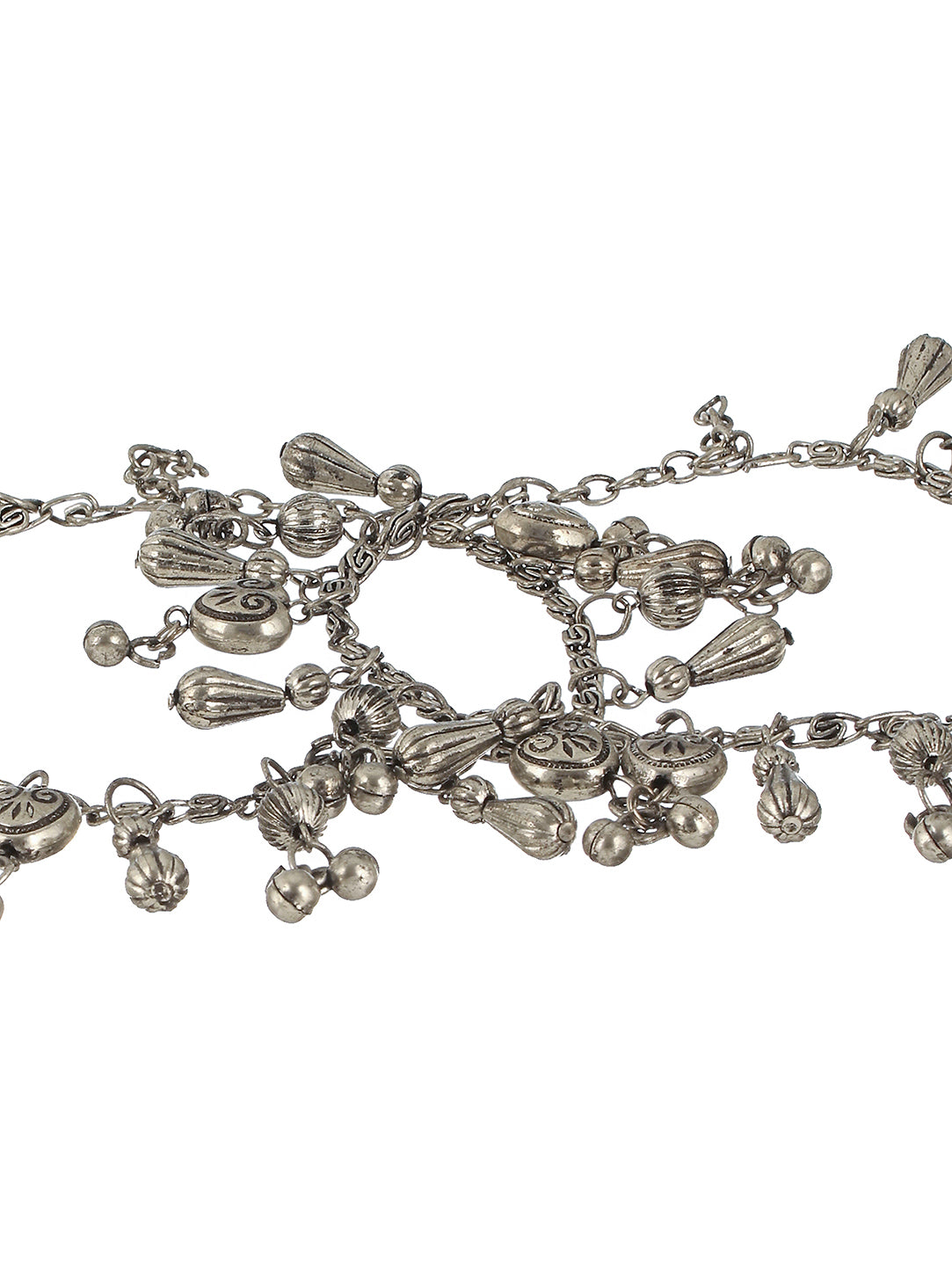 Set Of 2 Oxidised Silver-Plated & Heart Charm Ghungroo Anklets - Jazzandsizzle