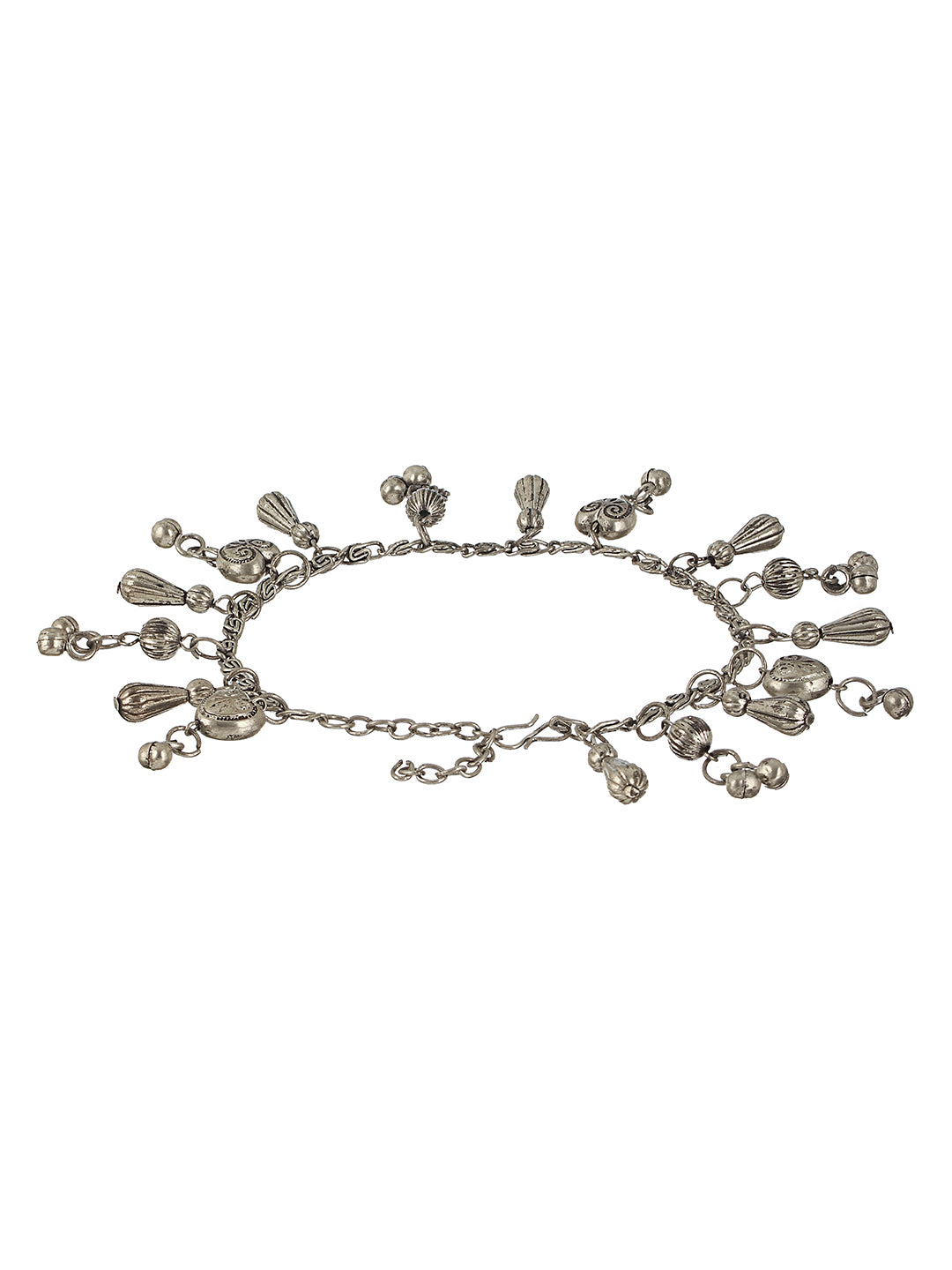 Set Of 2 Oxidised Silver-Plated & Heart Charm Ghungroo Anklets - Jazzandsizzle