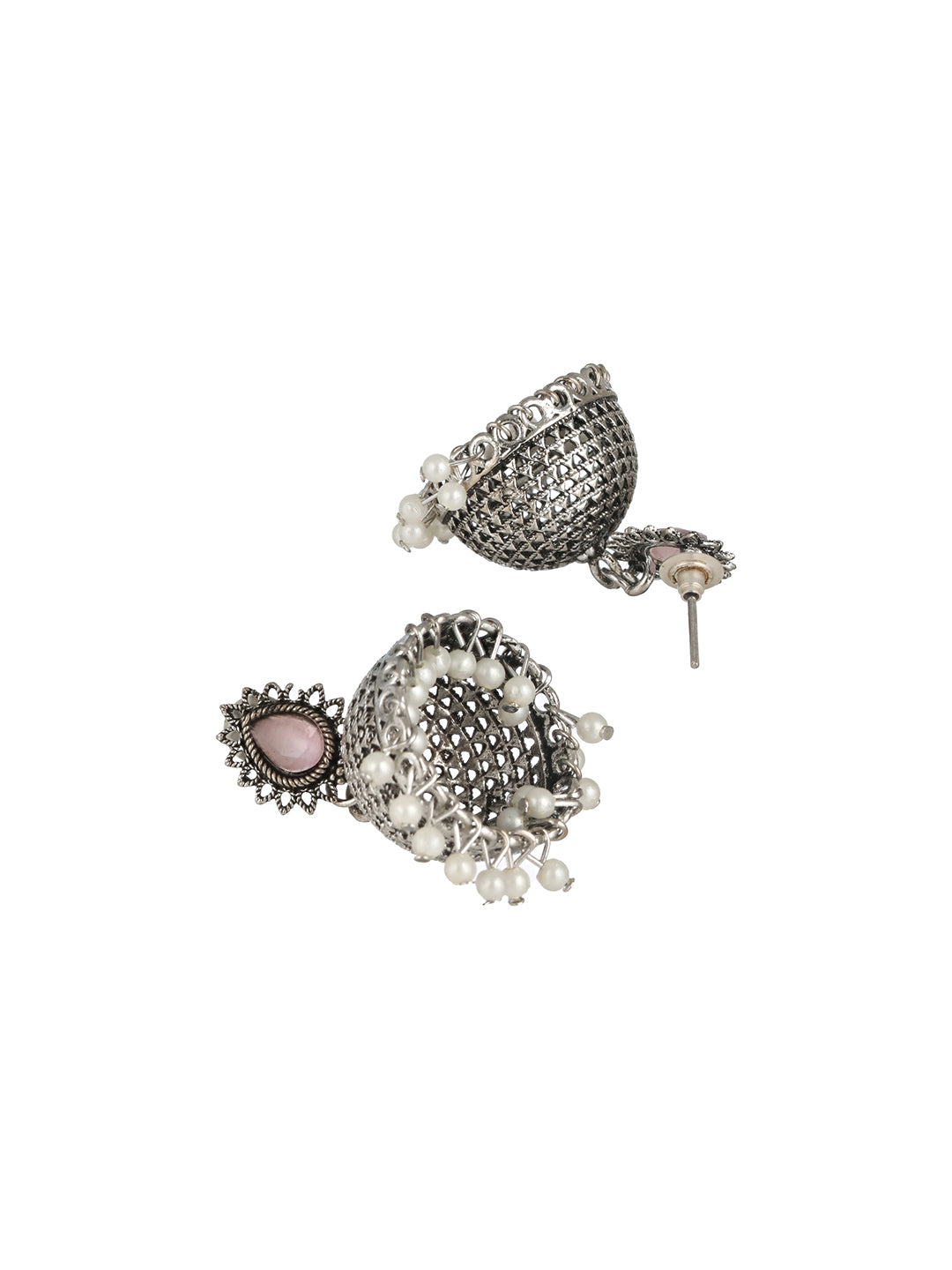 Silver Plated Pink Stone Studded & Pearl Beaded Jhumkas - Jazzandsizzle