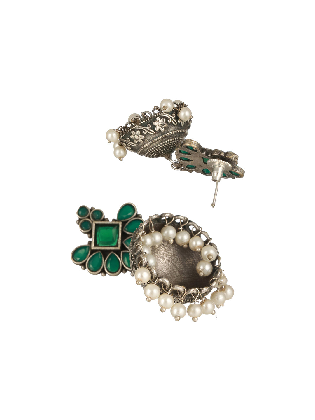 Green Stone Studded Silver & Pearl Beaded Oxidised Jhumka Earrings - Jazzandsizzle