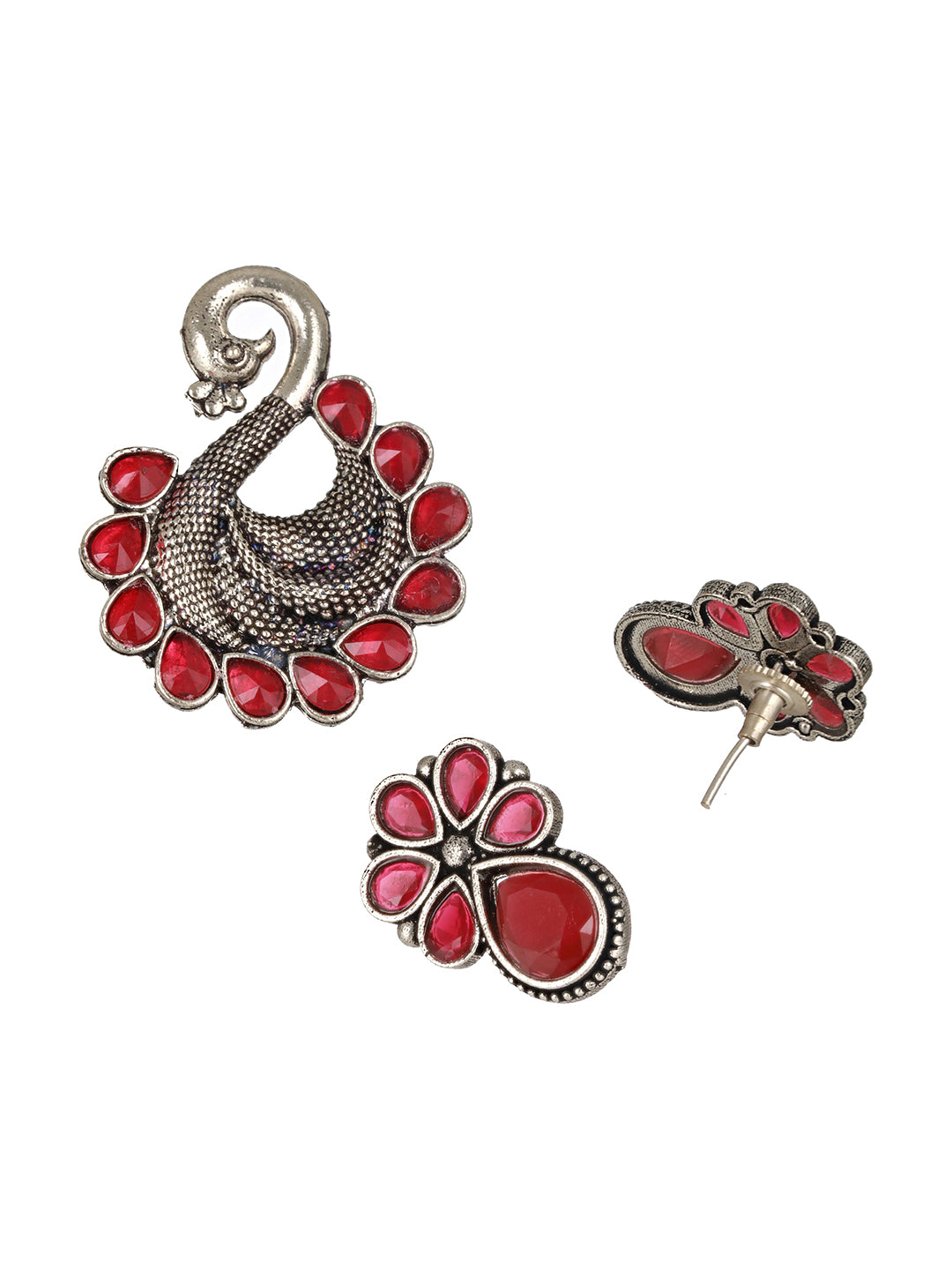 Set Of 2 Silver Plated & Red Stone Studded Contemporary Drop Earrings with Adjustable Ring - Jazzandsizzle