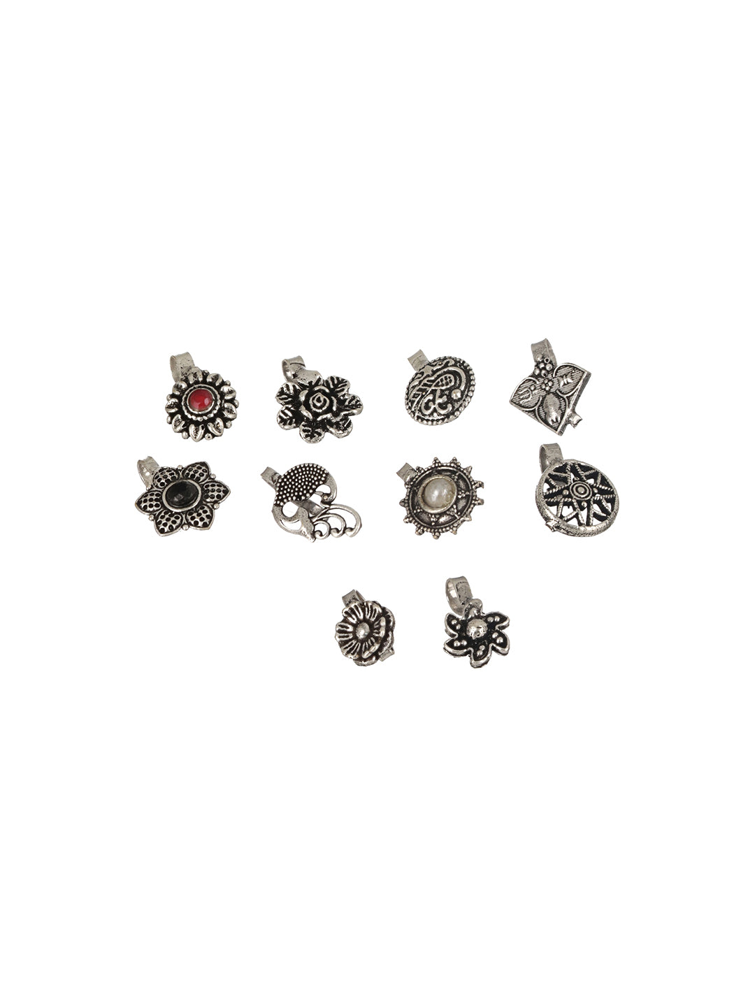 Set of 10 Silver-Plated Oxidised Stone Studded Nose Pins - Jazzandsizzle