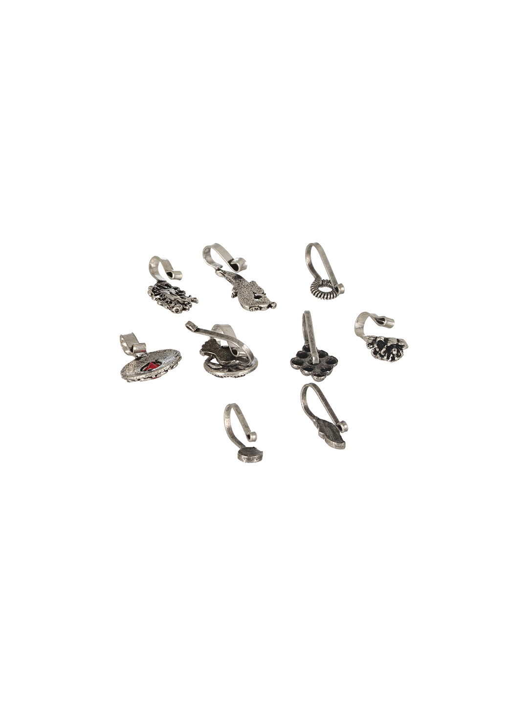 Set of 10 Silver-Plated Oxidised Stone Studded Nose Pins - Jazzandsizzle