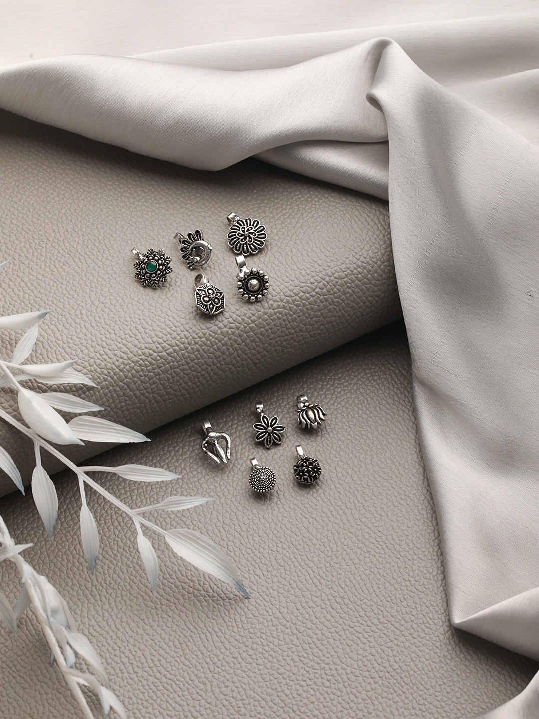 Set of 10 Silver-Plated Oxidised Stone Studded Nose Pins - Jazzandsizzle