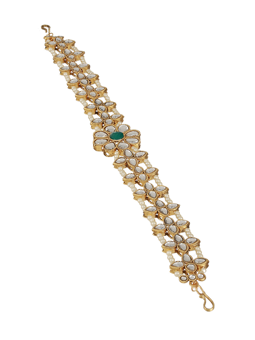 Gold Plated Green & White Kundan-Studded & Pearl Beaded Mathapatti - Jazzandsizzle
