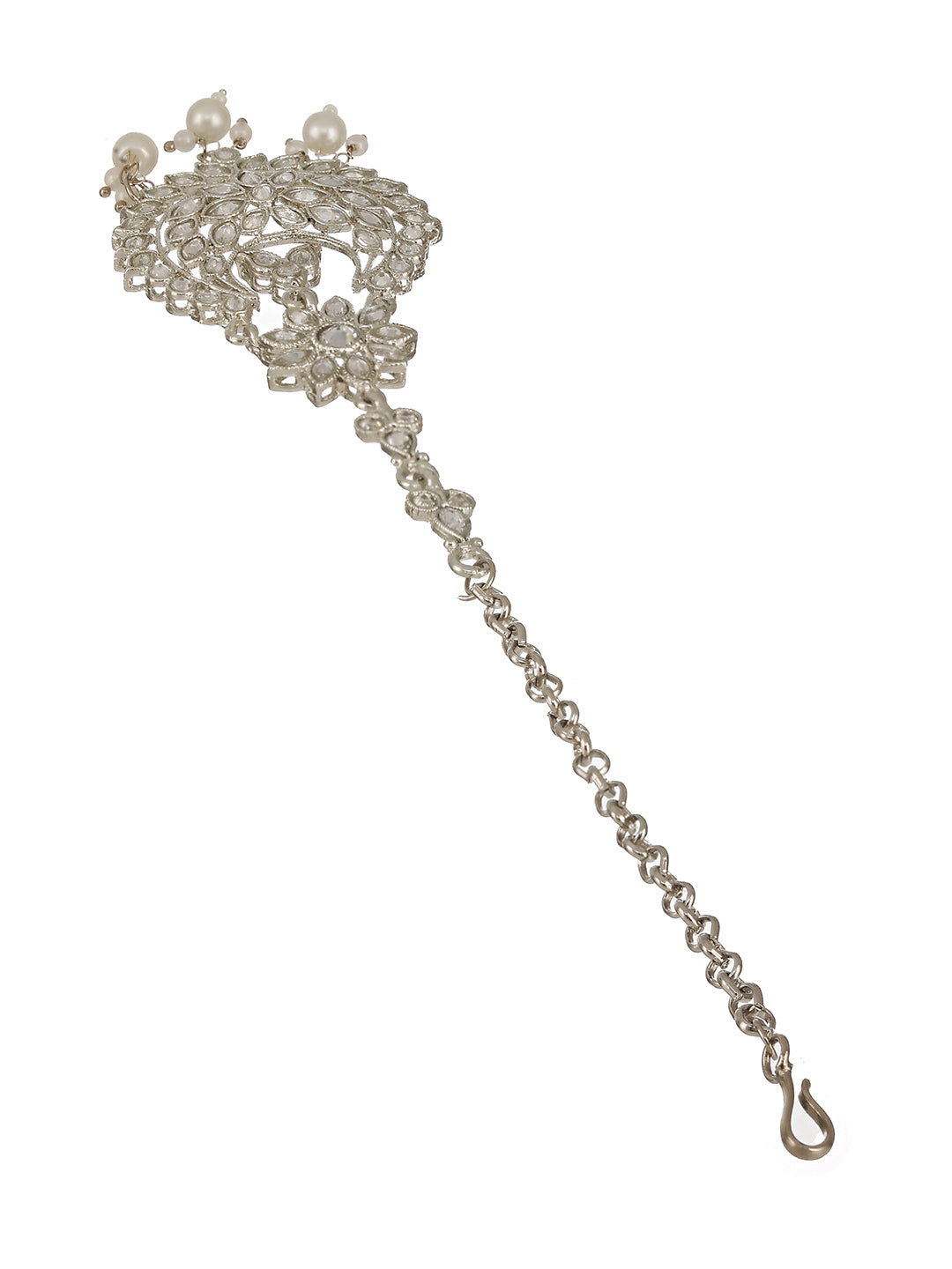 Silver-Plated White AD-Studded & Pearl Drop Handcrafted Maang Tikka - Jazzandsizzle