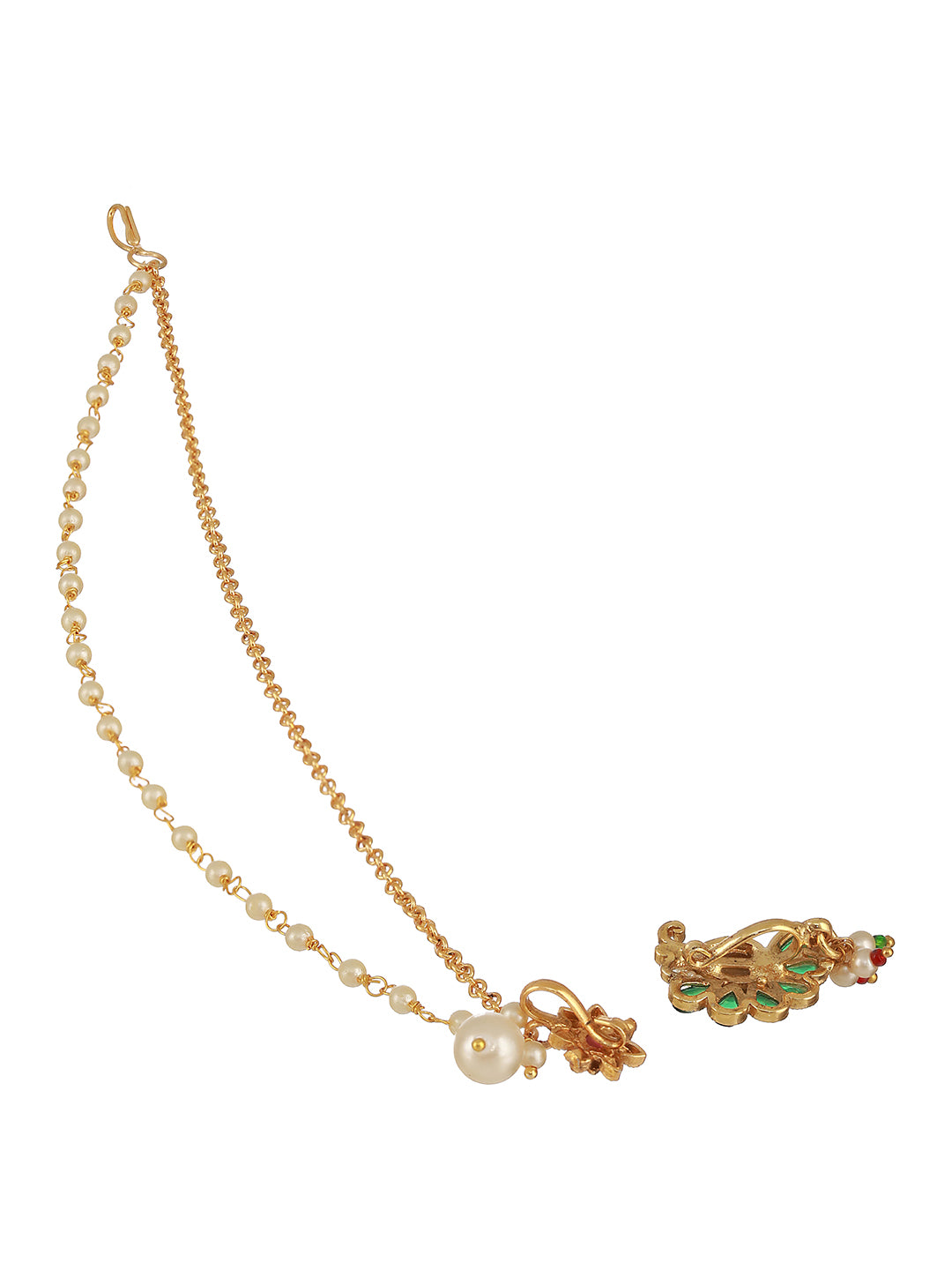 Gold-Plated White Kundan-Studded Clip-On Nose Pin With Beaded Extension - Jazzandsizzle