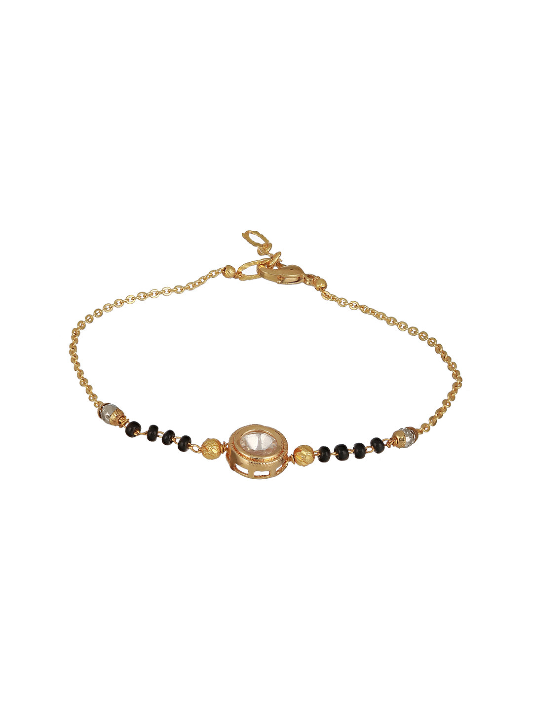Jazz And Sizzle Gold-Plated Crystals Studded & Beaded Link Hand Mangal sutra Bracelet - Jazzandsizzle