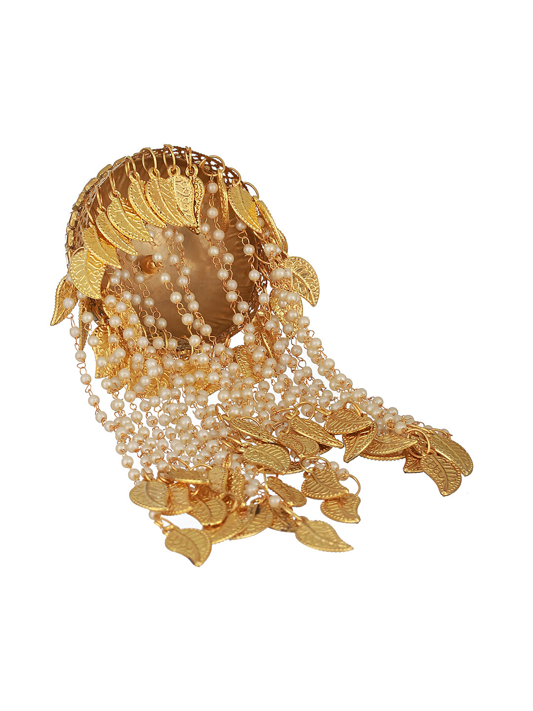 Set Of 2 Gold-Plated Stone Studded & Pearl Beaded Bridal Kaleera Secured with drawstring closure. - Jazzandsizzle