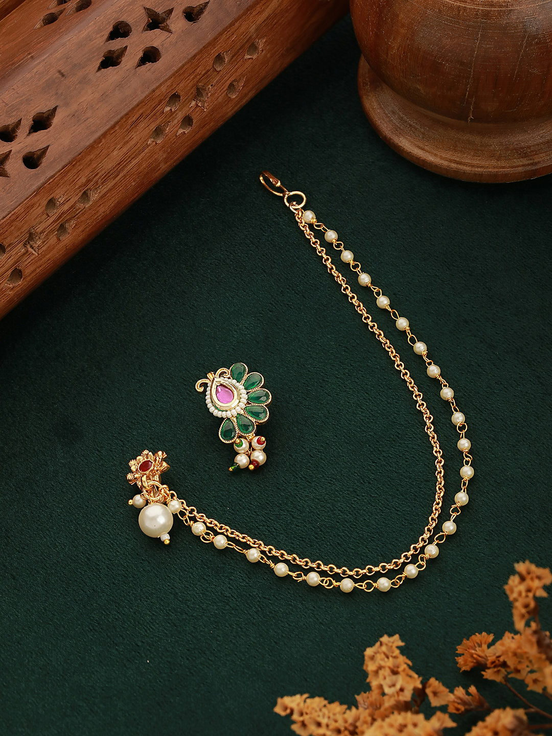 Gold-Plated White Kundan-Studded Clip-On Nose Pin With Beaded Extension - Jazzandsizzle