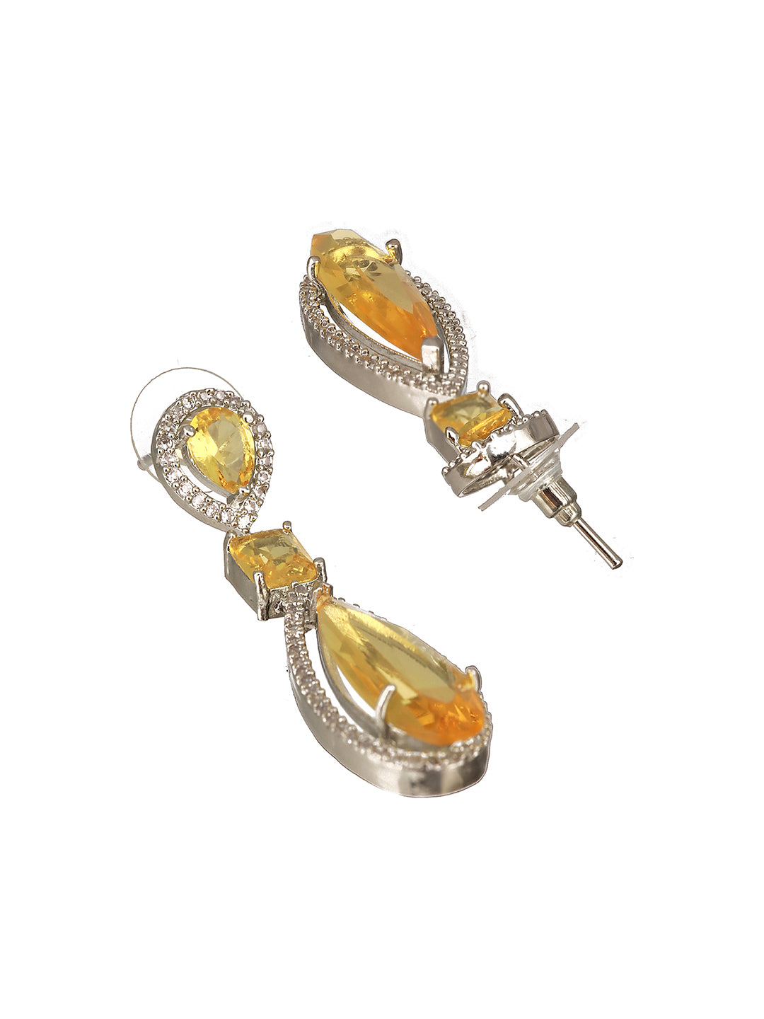 Jazz And Sizzle Rhodium-Plated Yellow American Diamond Studded Handcrafted Necklace & Earrings Set with Adjustable Ring